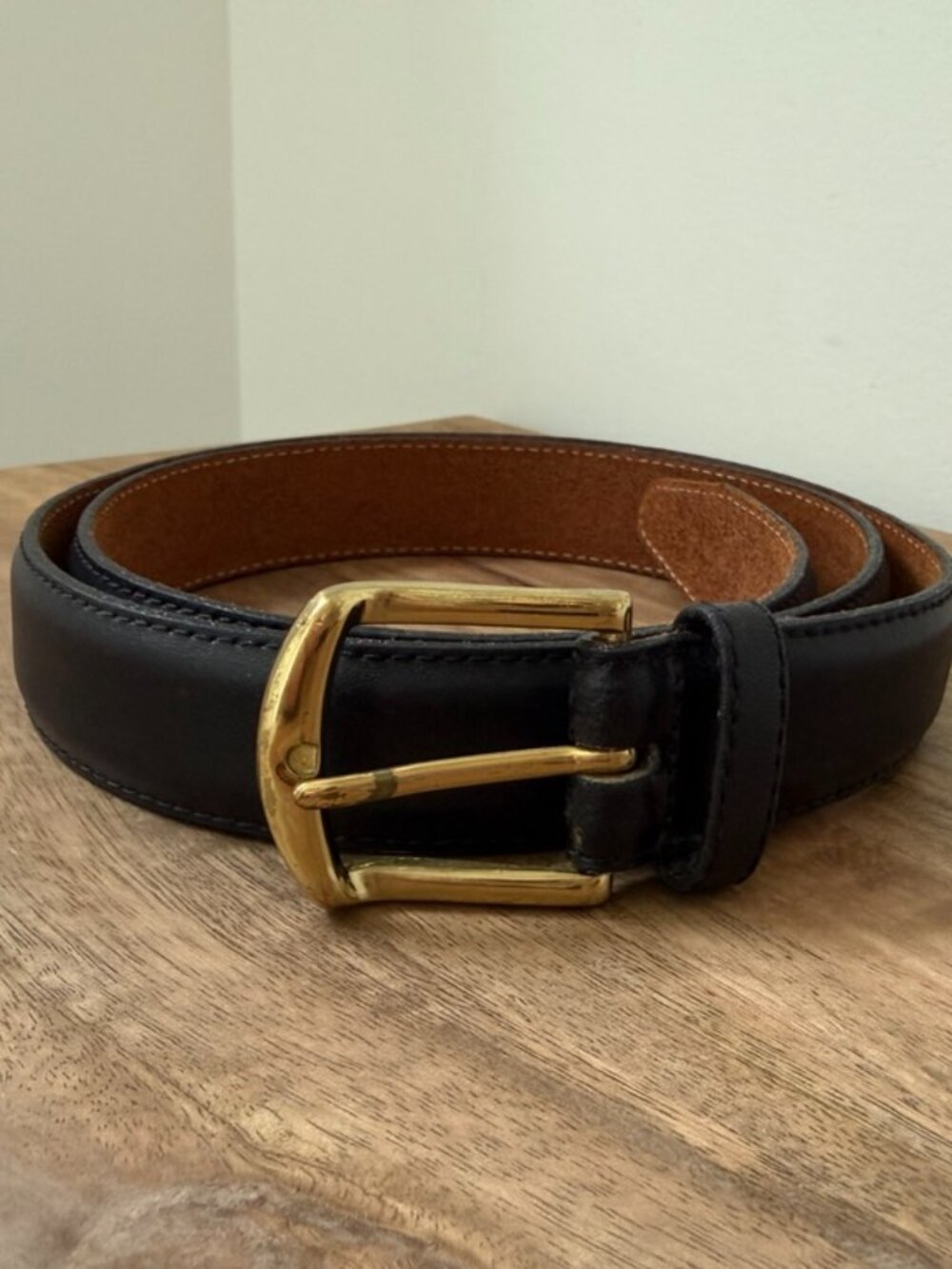 VINTAGE Black Genuine Leather Belt Solid Brass Buckle Classic Minimalist